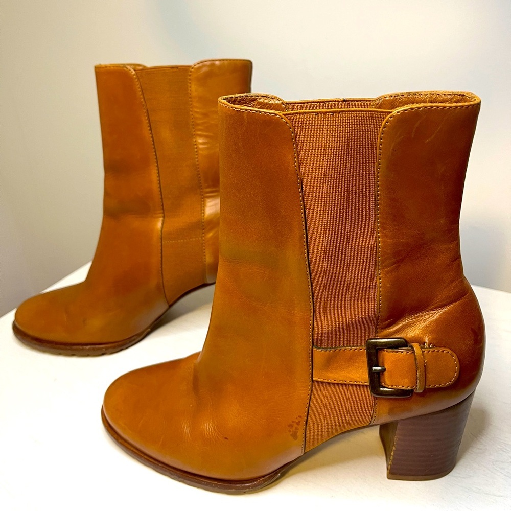 Cole Haan Carmel Leather Pull On Ankle Boots Buckle D25456 Brazil W Size 7